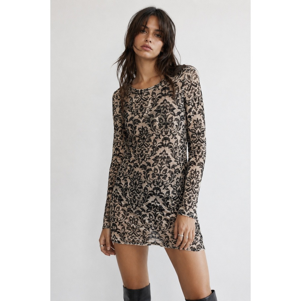 Forever 21 Mesh Mini Dress M Ivory Black Damask Sheer Whimsigoth Boho‎ Chic